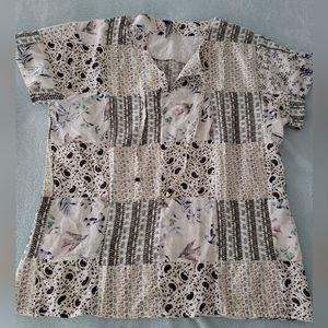 Blue Sky Earth Friendly Fair Trade Patchwork Birds Short Sleeve Split Neck top L